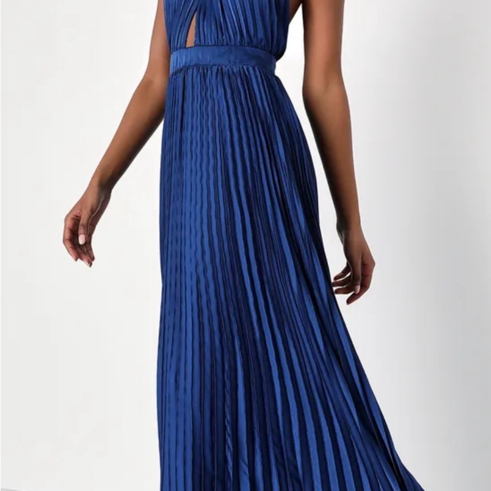 Lulus Midnight Moves Navy Blue Pleated Satin Cutout Halter Maxi Dress